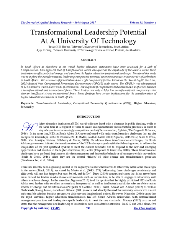 (PDF) Transformational Leadership Potential At A University Of Technology