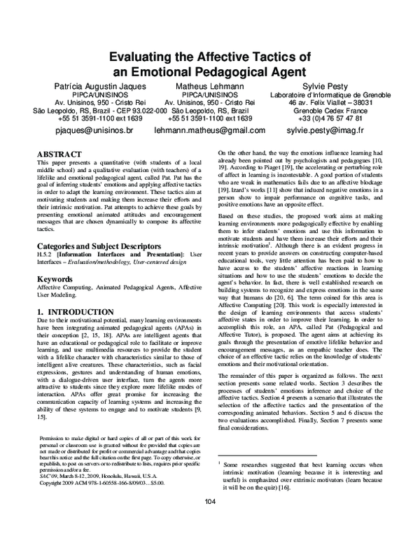 (PDF) Evaluating the affective tactics of an emotional pedagogical agent