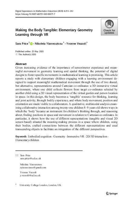 (PDF) Making the Body Tangible: Elementary Geometry Learning through VR