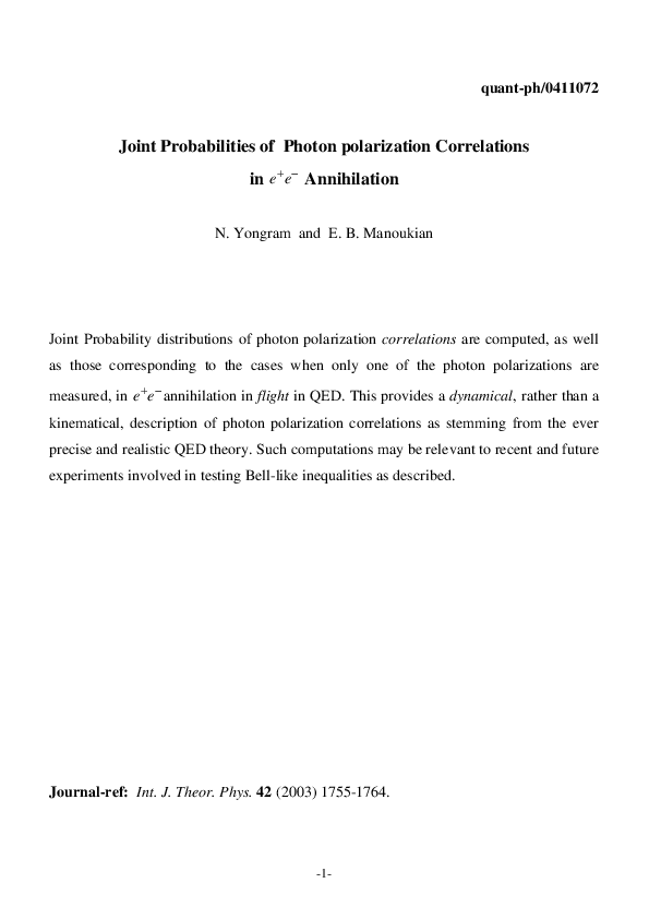 (PDF) Joint Probabilities of Photon Polarization Correlations in e+e− ...