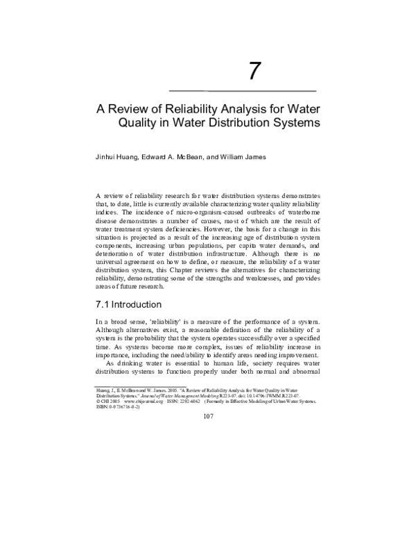 (PDF) A Review of Reliability Analysis for Water Quality in Water ...