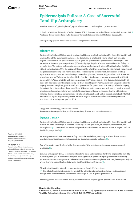 (PDF) Epidermolysis Bullosa: A Case of Successful Total Hip Arthroplasty