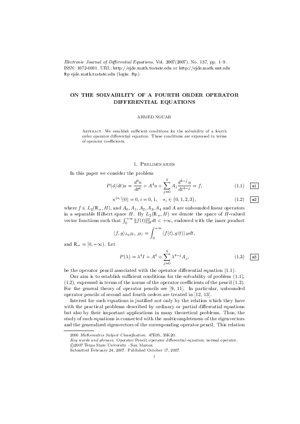 (PDF) On the solvability of a fourth order operator differential equations