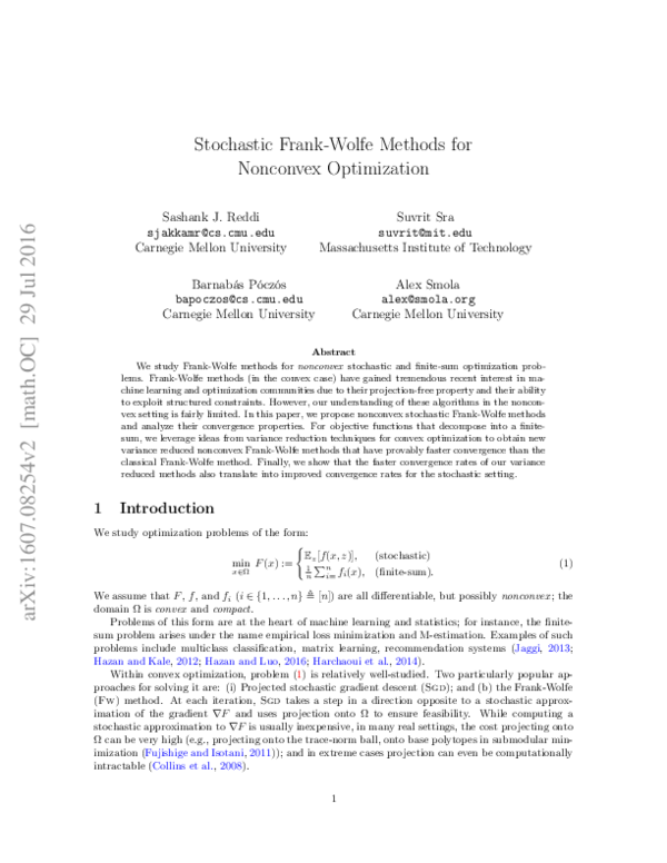 (PDF) Stochastic Frank-Wolfe methods for nonconvex optimization