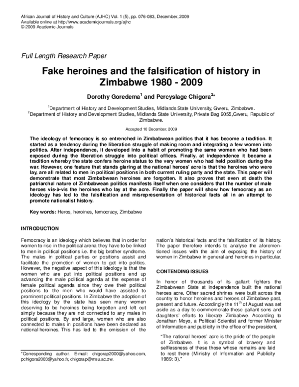 (PDF) Fake heroines and the falsification of history in Zimbabwe 1980-2009