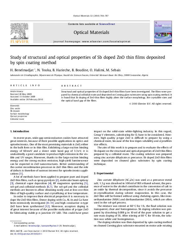 (PDF) Study of structural and optical properties of Sb doped ZnO thin ...