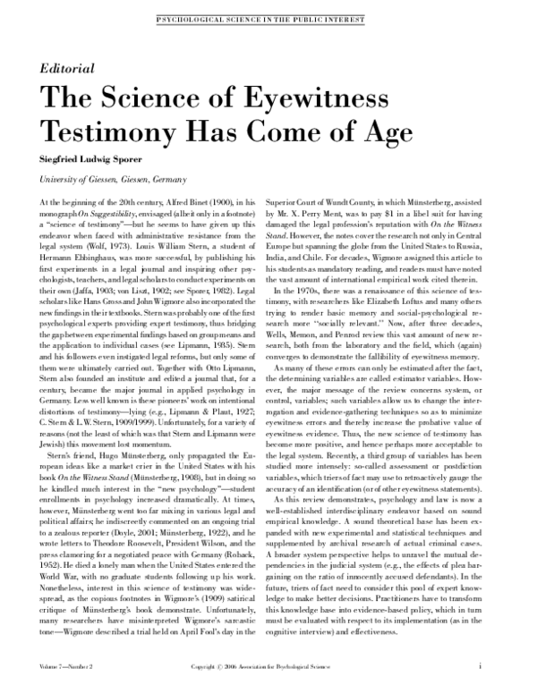 (PDF) The Science of Eyewitness Testimony Has Come of Age