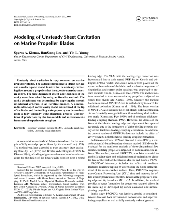 (PDF) Modeling of Unsteady Sheet Cavitation on Marine Propeller Blades