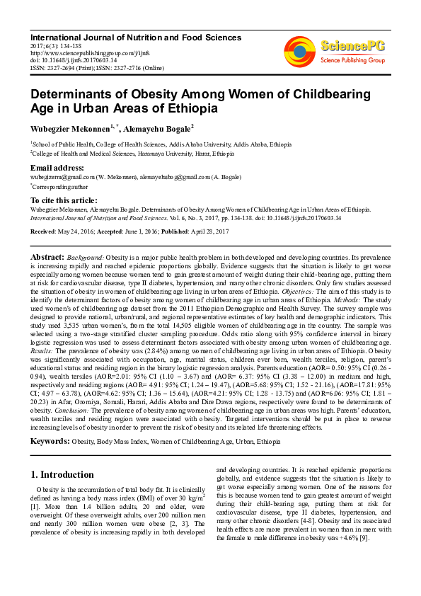 (PDF) Determinants of Obesity Among Women of Childbearing Age in Urban ...