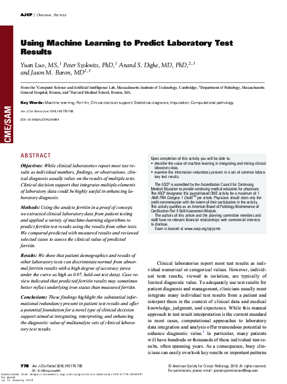 (PDF) Using Machine Learning to Predict Laboratory Test Results