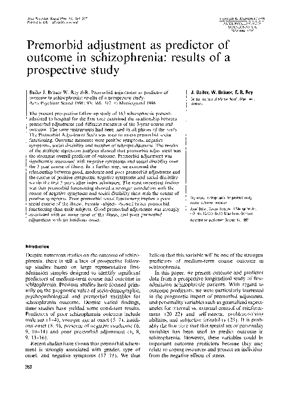 (PDF) Premorbid adjustment as predictor of outcome in schizophrenia ...