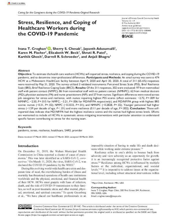 (PDF) Stress, Resilience, and Coping of Healthcare Workers during the ...