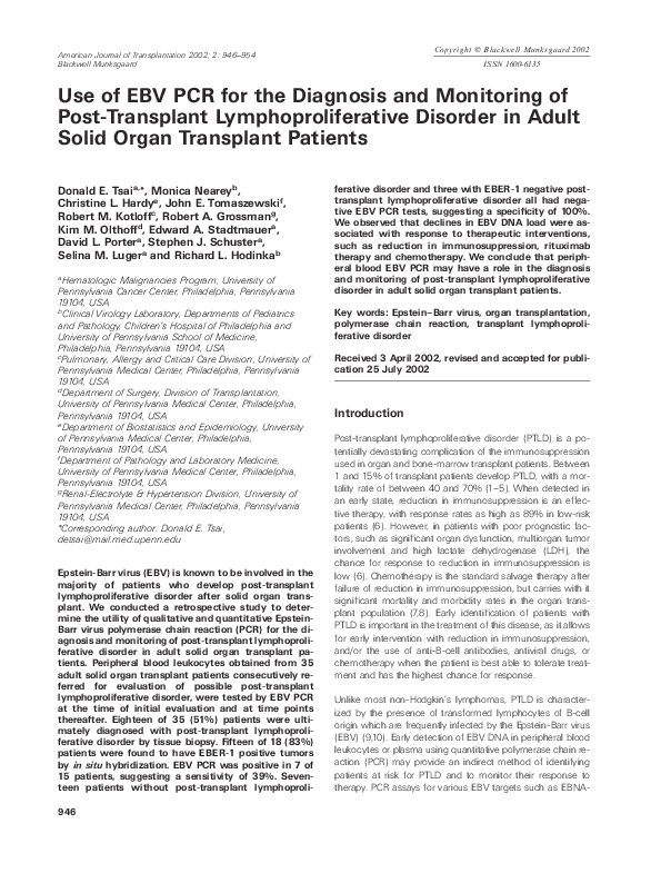 (PDF) Use of EBV PCR for the Diagnosis and Monitoring of Post ...