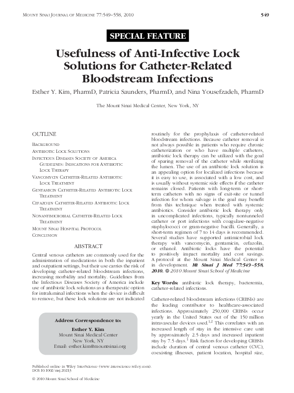 (PDF) Usefulness of Anti-Infective Lock Solutions for Catheter-Related ...