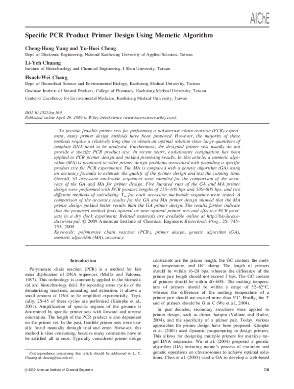 (PDF) Specific PCR product primer design using memetic algorithm