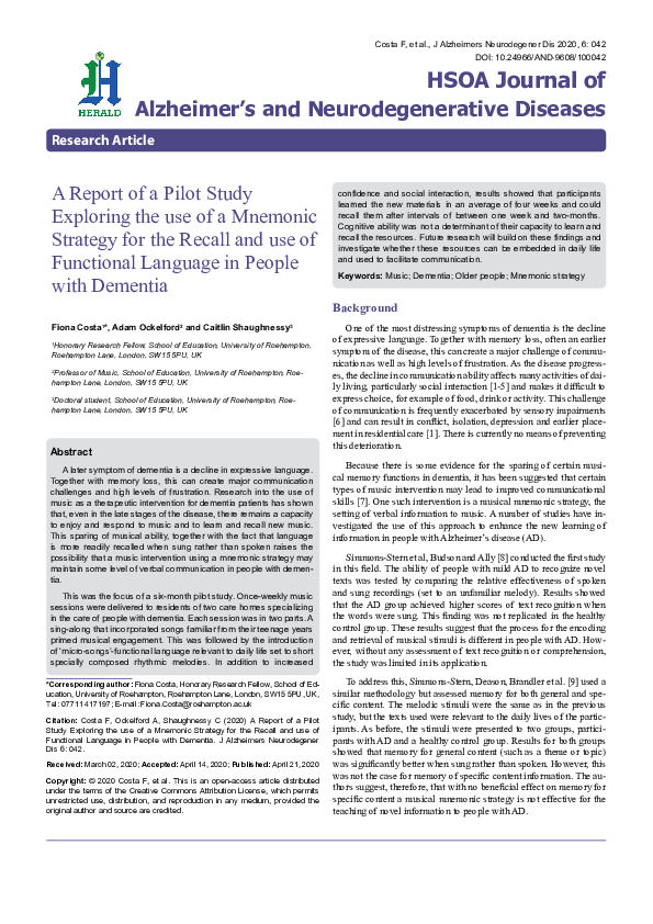(PDF) The Use of a Musical Mnemonic Strategy to Support Verbal Memory ...