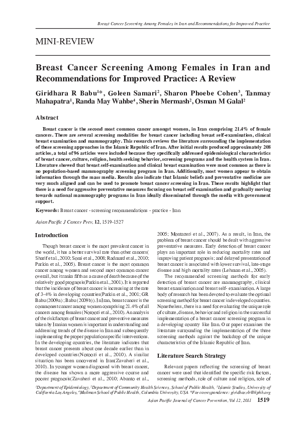(PDF) Breast cancer screening among females in Iran and recommendations ...