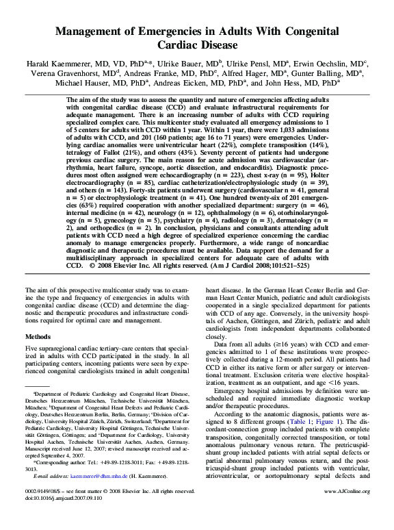 (PDF) Management of Emergencies in Adults With Congenital Cardiac Disease