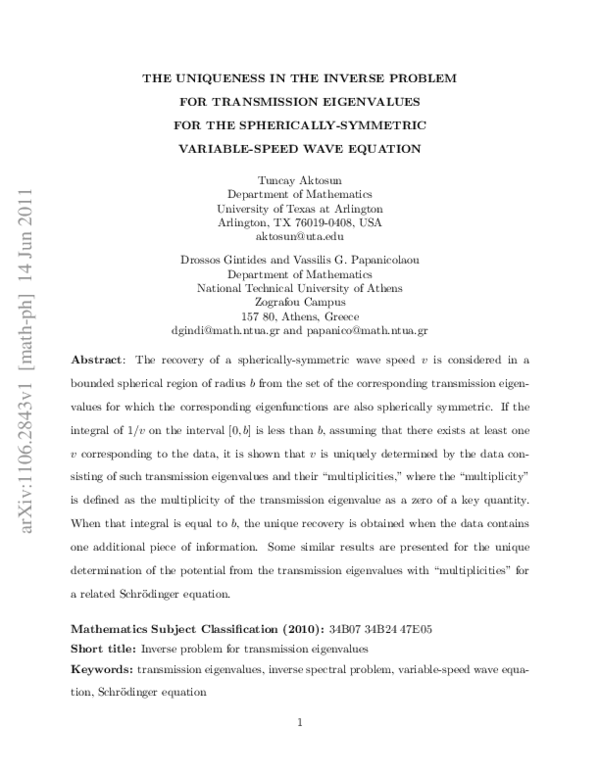 (PDF) The uniqueness in the inverse problem for transmission ...