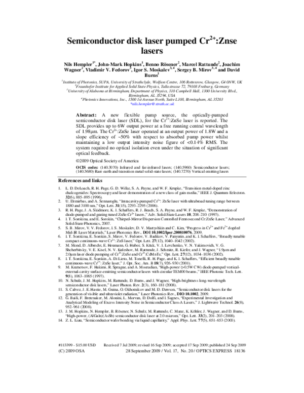 (PDF) Semiconductor disk laser pumped Cr^2+:Znse lasers