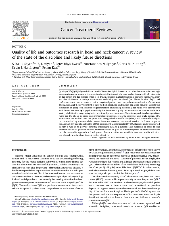 (PDF) Quality of life and outcomes research in head and neck cancer: A ...