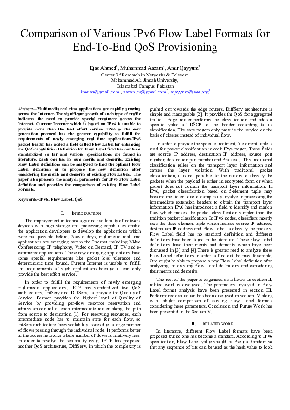 (PDF) Comparison of Various IPv6 Flow Label Formats for End-To-End QoS ...