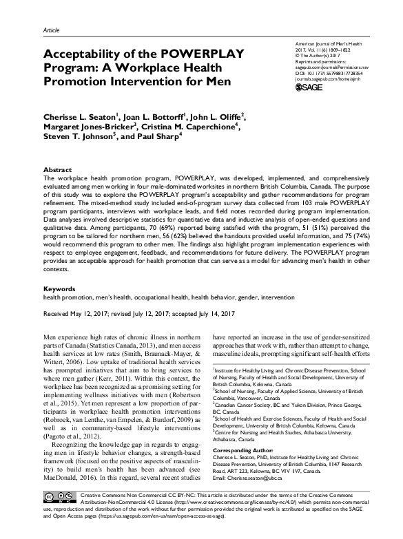 (PDF) Acceptability of the POWERPLAY Program: A Workplace Health ...