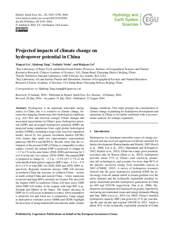 (PDF) Projected impacts of climate change on hydropower potential in China