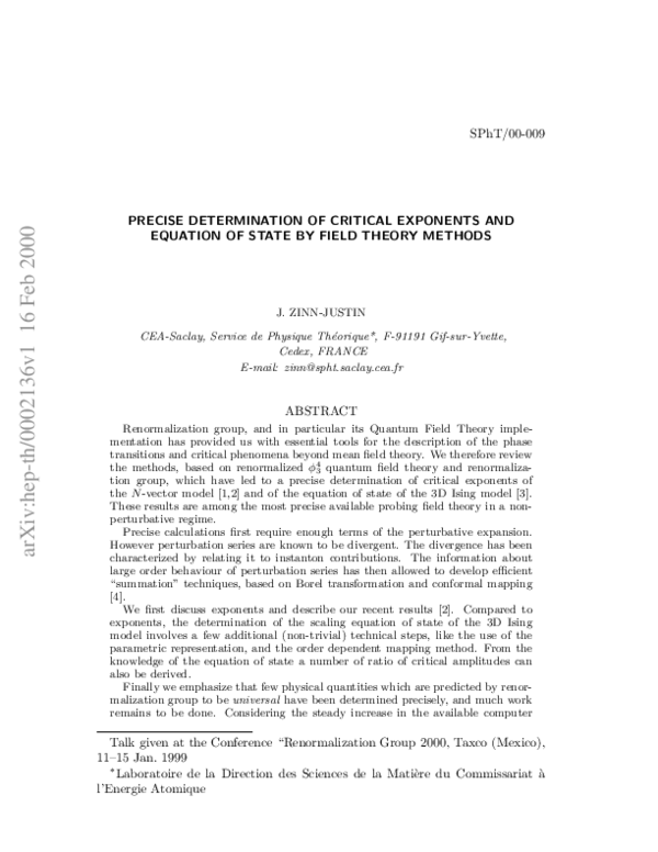 (PDF) Precise determination of critical exponents and equation of state ...