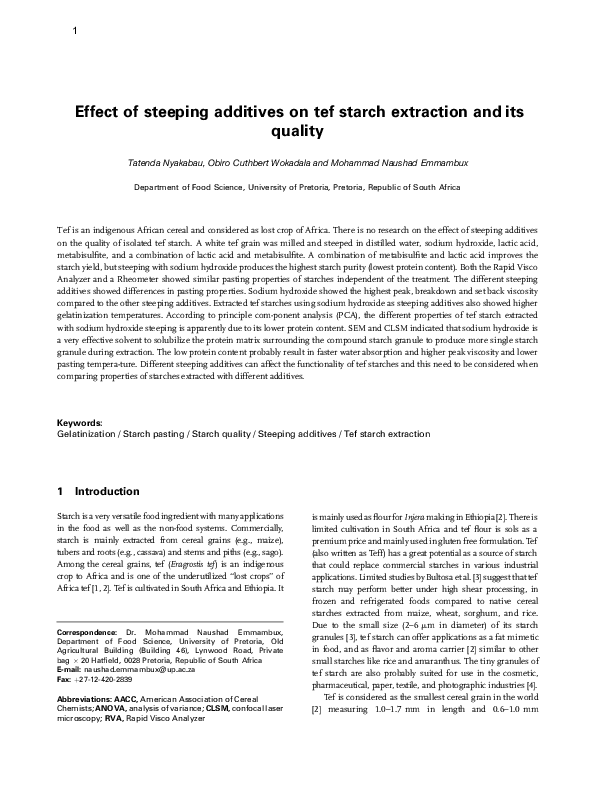 (PDF) Effect of steeping additives on tef starch extraction and its quality
