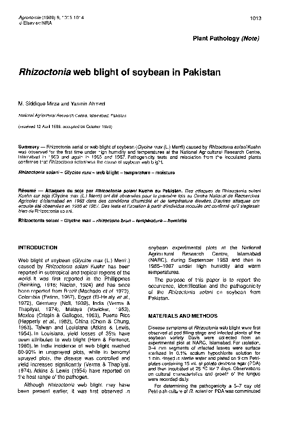 (PDF) Rhizoctonia web blight of soybean in Pakistan