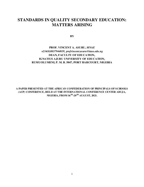 (PDF) STANDARDS IN QUALITY SECONDARY EDUCATION: MATTERS ARISING