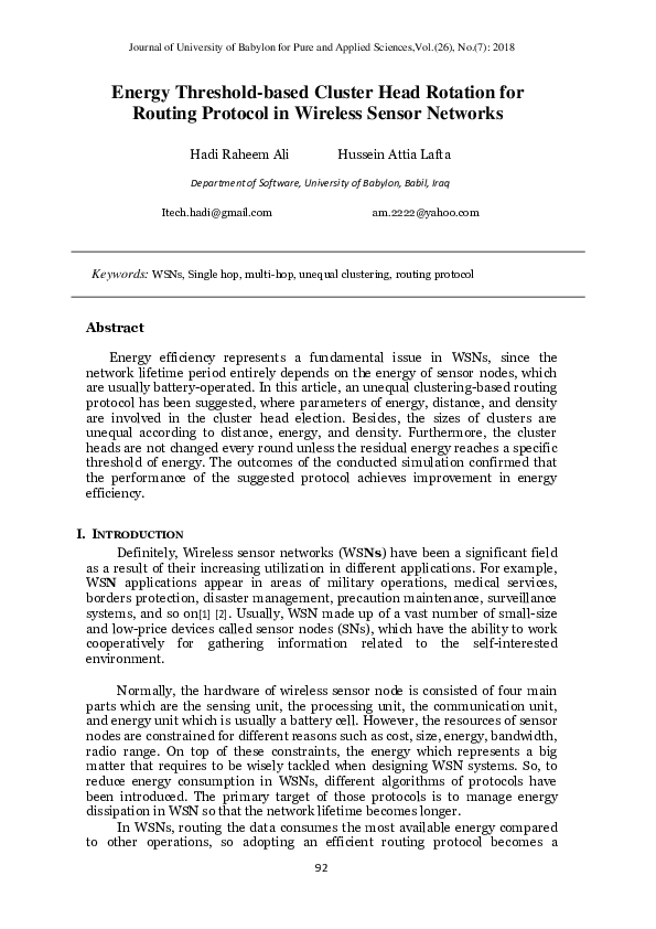 (PDF) Energy Threshold-based Cluster Head Rotation for Routing Protocol ...