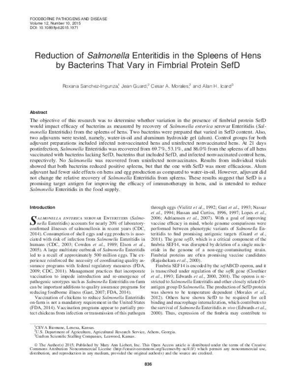 (PDF) Reduction of Salmonella Enteritidis in the Spleens of Hens by ...