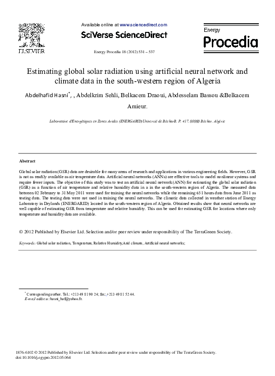 (PDF) Estimating global solar radiation using artificial neural network ...