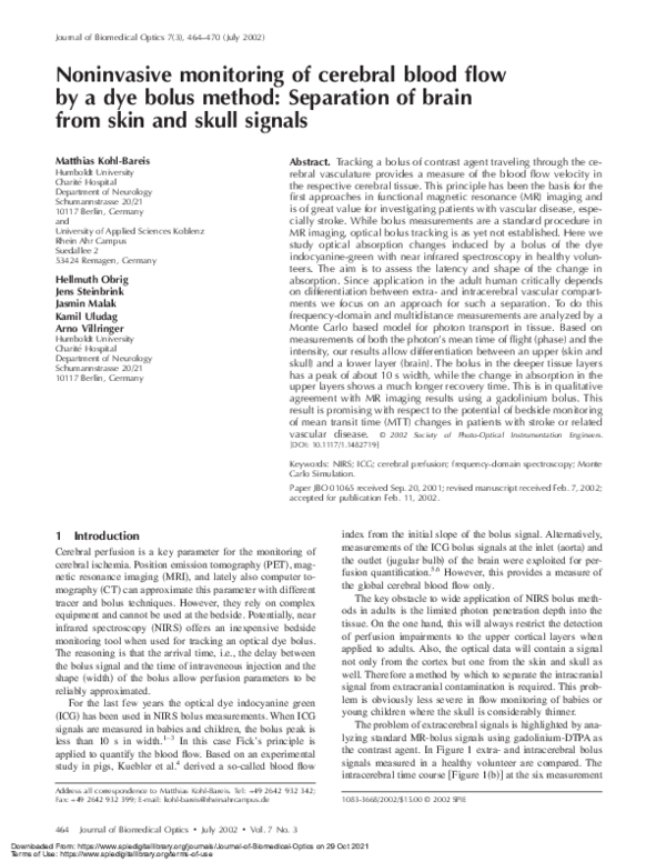 (PDF) Noninvasive monitoring of cerebral blood flow by a dye bolus ...