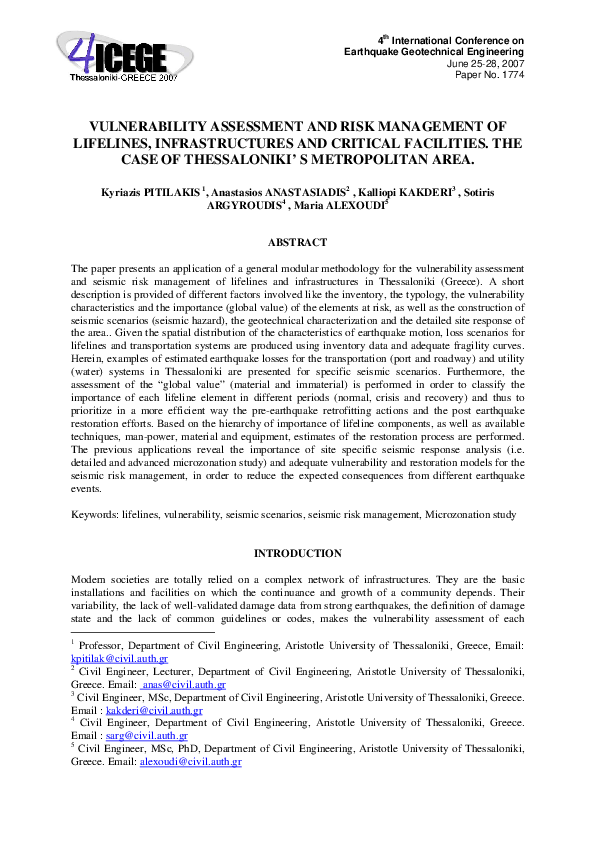 (PDF) Vulnerability Assessment and Risk Management of Lifelines ...