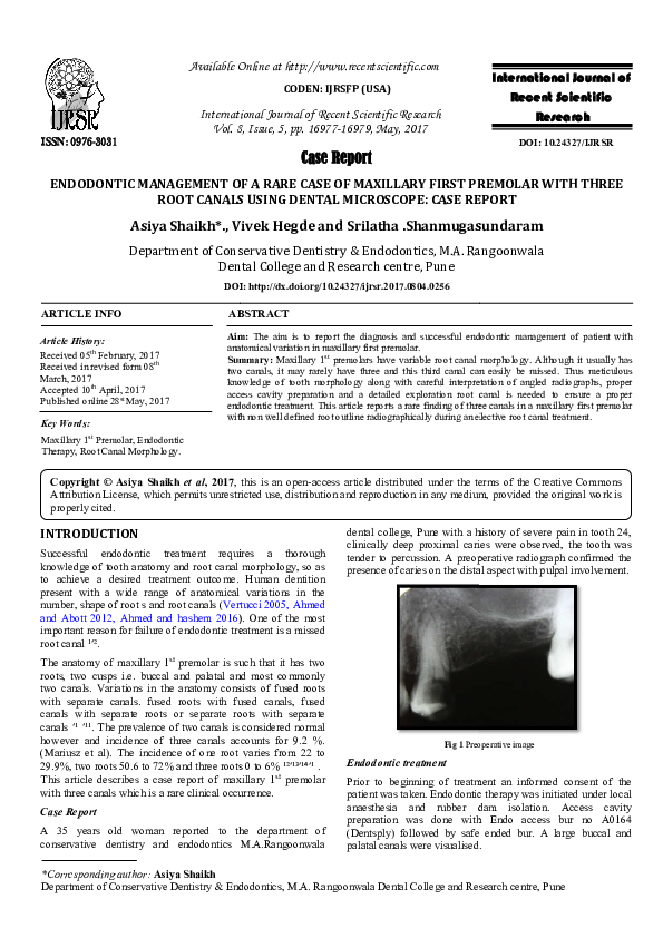 (PDF) Endodontic management of a rare case of maxillary first premolar