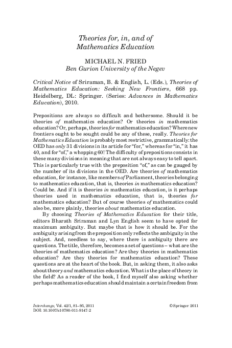 (PDF) Theories for, in, and of Mathematics Education