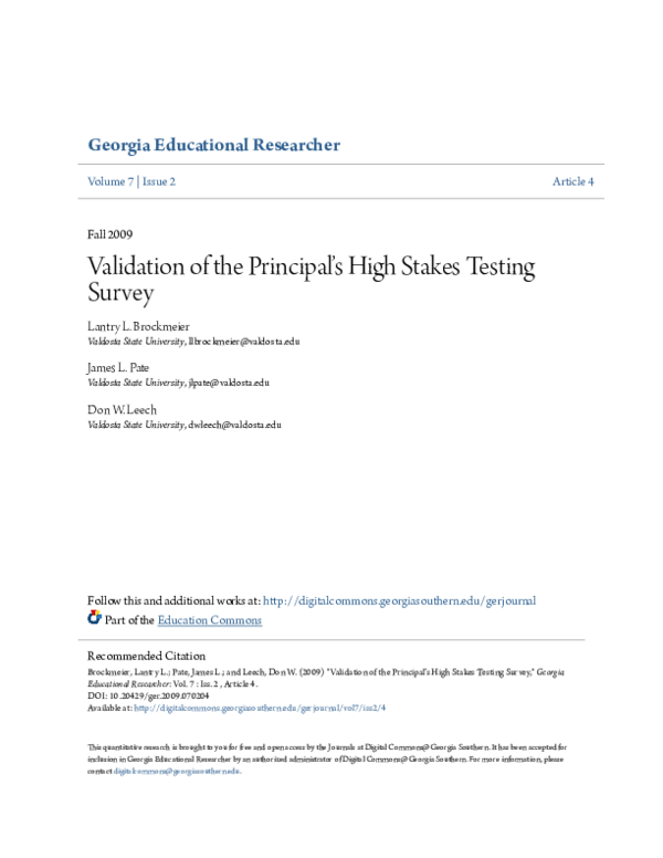 (PDF) Validation of the Principal’s High Stakes Testing Survey