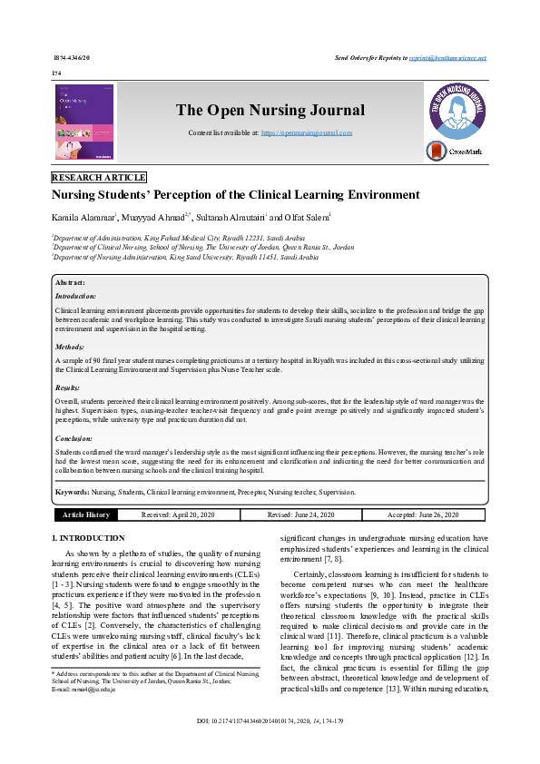 (PDF) Nursing Students’ Perception of the Clinical Learning Environment