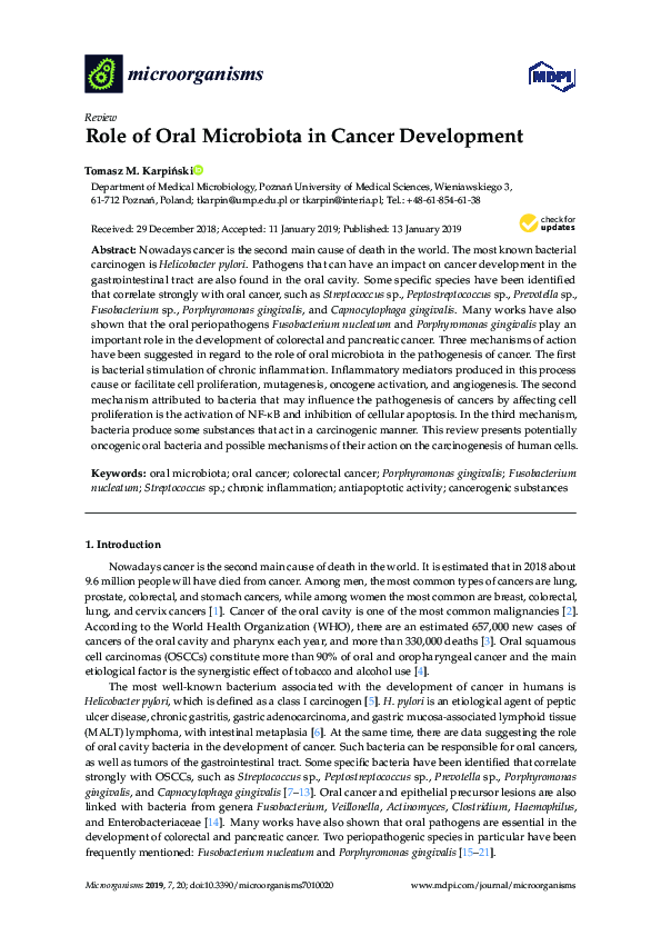 (PDF) Role of Oral Microbiota in Cancer Development