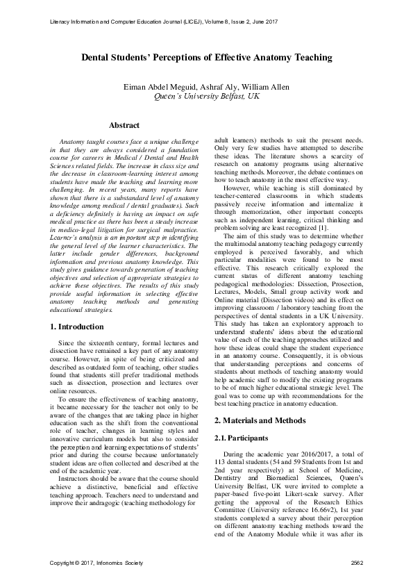 (PDF) Dental Students’ Perceptions of Effective Anatomy Teaching