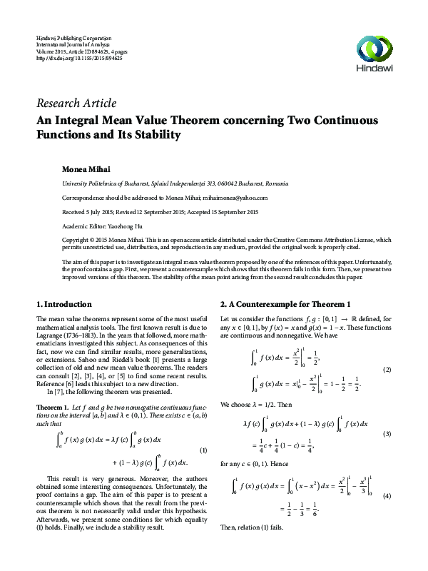 (PDF) An Integral Mean Value Theorem concerning Two Continuous ...