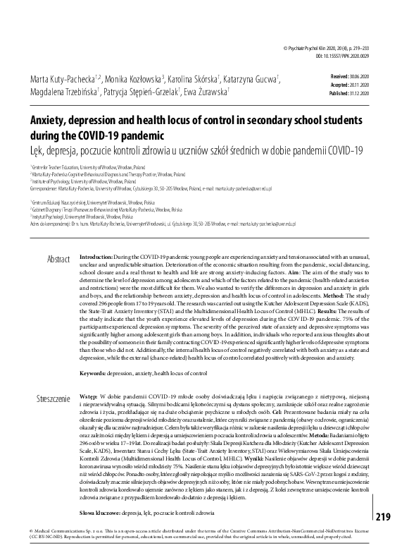 (PDF) Anxiety, depression and health locus of control in secondary ...