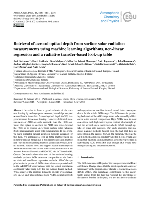 (PDF) Retrieval of aerosol optical depth from surface solar radiation ...