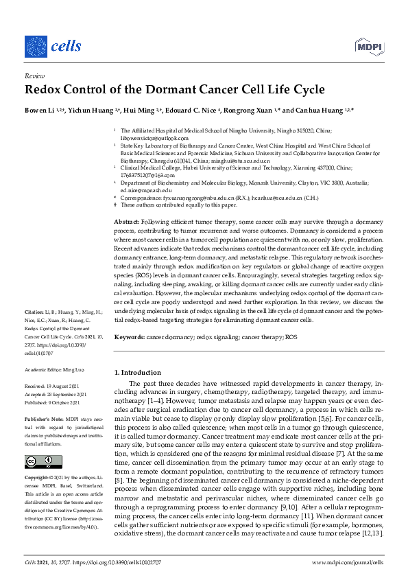 (PDF) Redox Control of the Dormant Cancer Cell Life Cycle