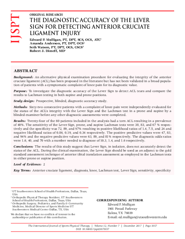 (PDF) The Diagnostic Accuracy of the Lever Sign for Detecting Anterior
