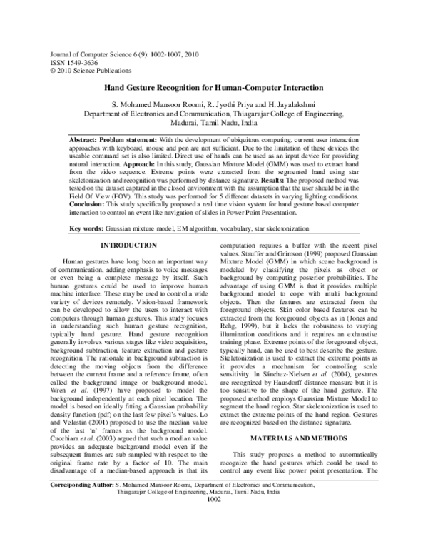 (PDF) Hand gesture recognition for human computer interaction