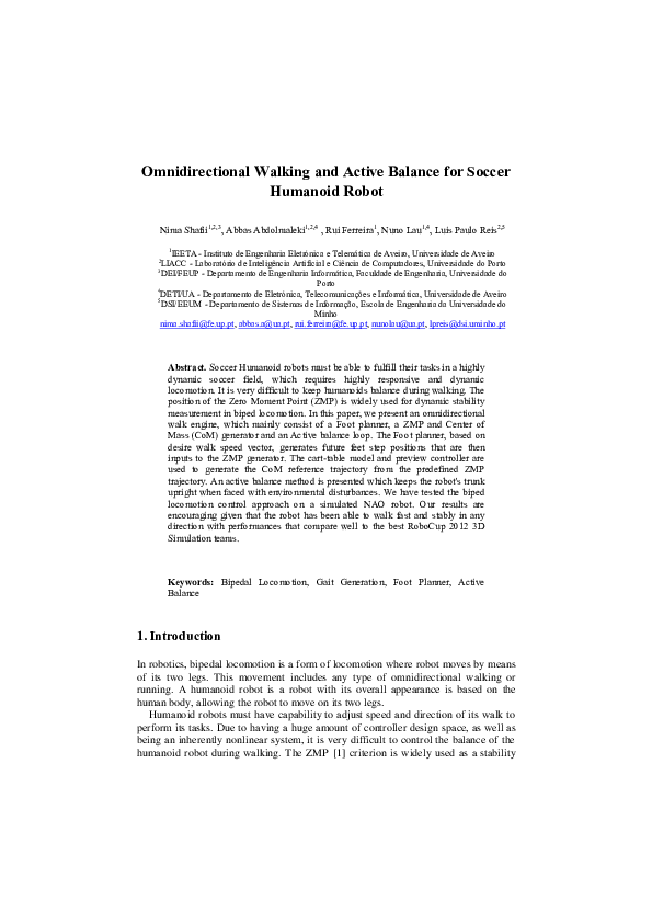 (PDF) Omnidirectional walking and active balance for soccer humanoid robot